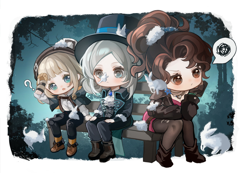 1boy, 2girls, :/, :o, ?, absurdres, ankle_boots, arm_on_thigh, arm_support, ascot, black_coat, black_headwear, black_pants, black_pantyhose, black_vest, blonde_hair, blue_cloak, blue_eyes, blush, boater_hat, boots, border, brown_eyes, brown_footwear, brown_gloves, brown_hair, brown_headwear, brown_jacket, bush, chibi, cloak, closed_mouth, coat, collared_shirt, desert_flannel, dress, earrings, elbow_rest, ezra_theodore, fingerless_gloves, foam, foam_on_face, gloves, grey_eyes, grey_hair, hand_on_own_cheek, hand_on_own_face, hand_on_own_head, hand_up, hands_on_own_thighs, head_rest, highres, jacket, jewelry, leather, leather_jacket, looking_at_another, looking_down, looking_to_the_side, medium_hair, miguo_jiazi, multiple_girls, necklace, night, on_bench, orange_socks, outside_border, pants, pants_tucked_in, pantyhose, pink_dress, ponytail, procreate_(medium), reverse:1999, shirt, short_hair, single_earring, sitting, sitting_on_bench, socks, speech_bubble, spoken_squiggle, squiggle, star_(symbol), star_earrings, tree, v-shaped_eyebrows, vertin_(reverse:1999), vest, waistcoat, white_ascot, white_border, white_shirt