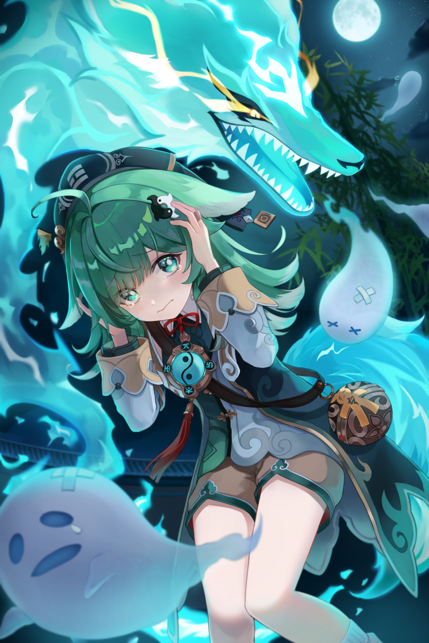 1girl, 1other, ahoge, animal_ears, crossed_bandaids, fiery_tail, fox_ears, fox_girl, fox_tail, full_moon, ghost, green_eyes, green_hair, hair_ornament, highres, honkai:_star_rail, honkai_(series), huohuo_(honkai:_star_rail), kumajyayo, long_sleeves, moon, night, night_sky, paw-shaped_pupils, sharp_teeth, shorts, sky, socks, tail, tail_(honkai:_star_rail), tassel, tearing_up, teeth, white_socks, x_x, yellow_eyes, yin_yang, yin_yang_hair_ornament