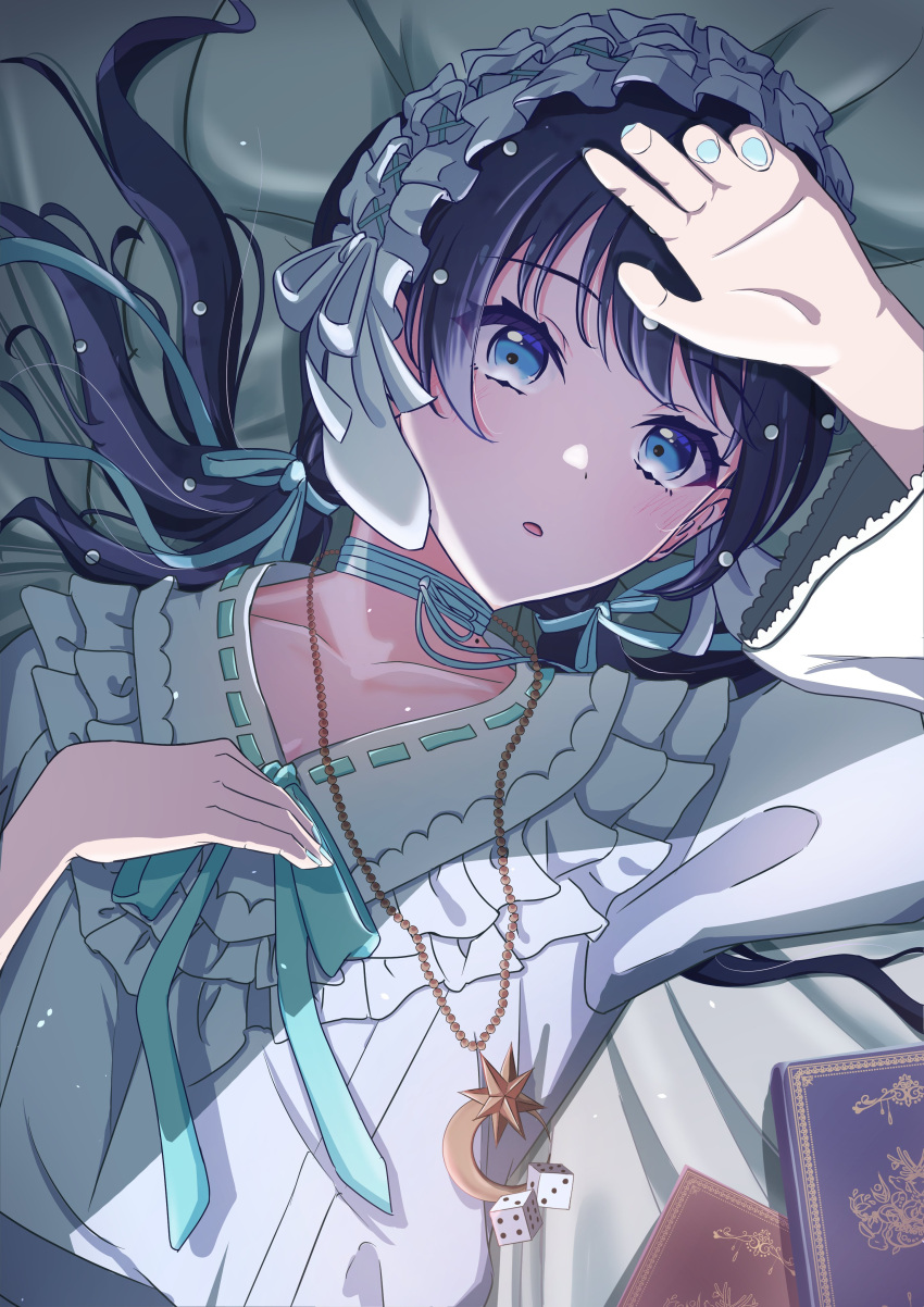 absurdres, blue_eyes, blue_hair, book, choker, dice, dress, frilled_sleeves