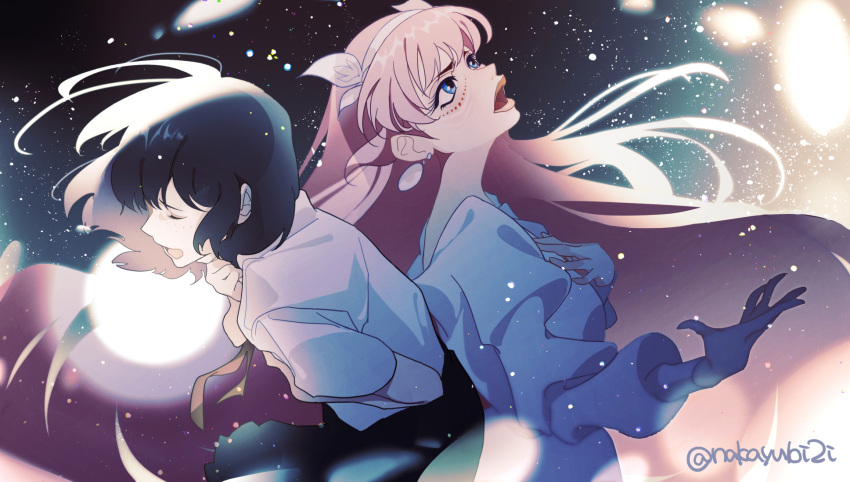 2girls, back-to-back, belle_(ryuu_to_sobakasu_no_hime), black_hair, black_skirt, blue_eyes, closed_eyes, dress