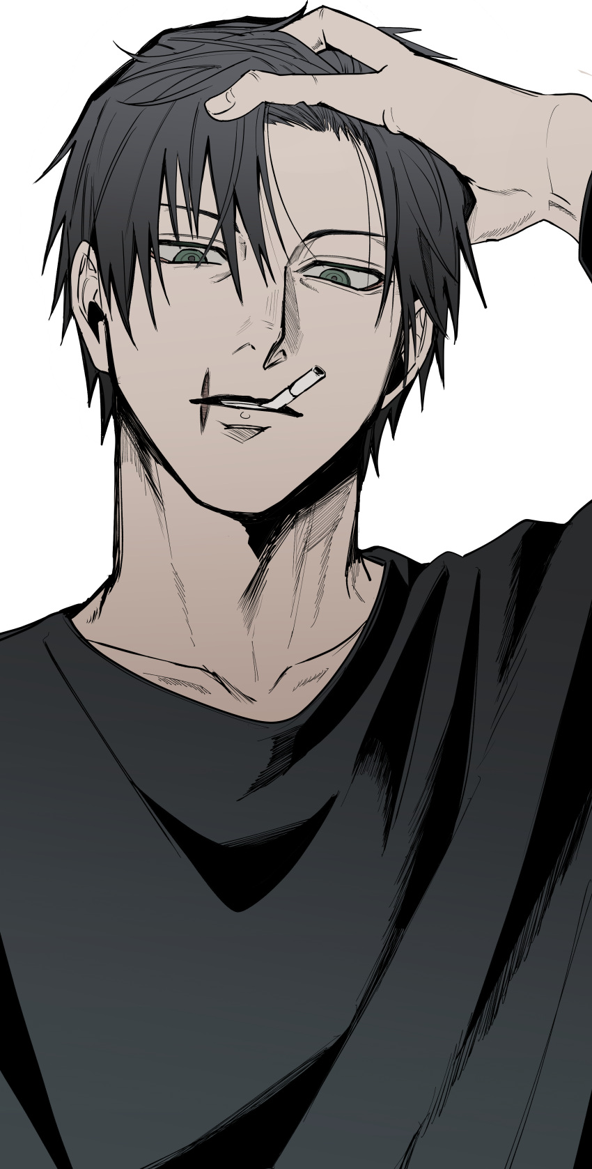 1boy, absurdres, black_hair, black_shirt, cigarette, fushiguro_touji, green_eyes, highres