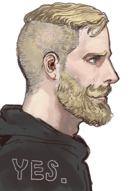 1boy, beard, black_hoodie, blonde_hair, blue_eyes, facial_hair, hood, hoodie