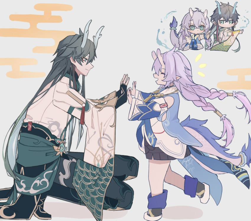 1boy, 1girl, :d, aqua_eyes, aqua_horns, arm_at_side, bailu_(honkai:_star_rail), black_dress