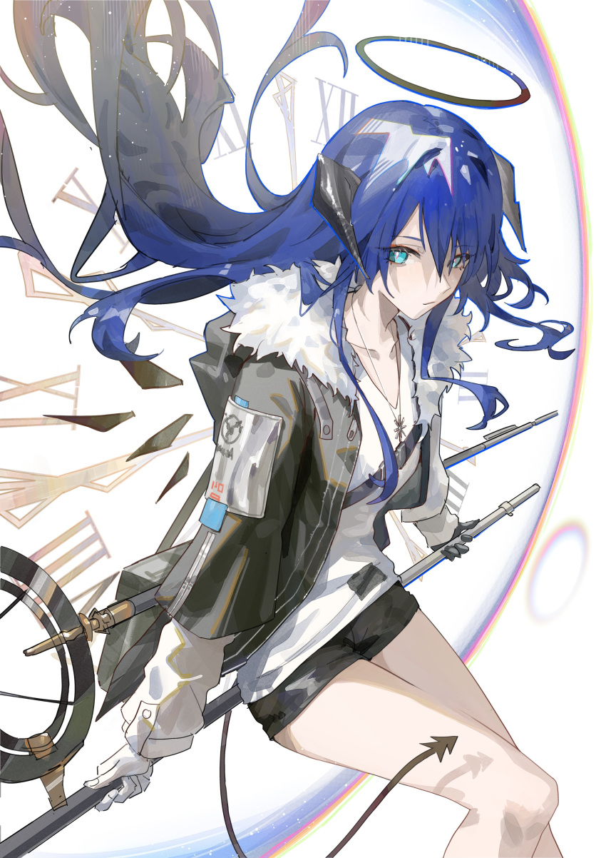 1girl, absurdres, arknights, asymmetrical_gloves, black_gloves, black_hair, black_jacket, black_shorts, blue_eyes, blue_hair, clock, commentary, cowboy_shot, demon_horns, demon_tail, english_commentary, frown, fur-trimmed_jacket, fur_trim, gloves, gradient_hair, halo, highres, horns, jacket, jewelry, krin_(krinnin), long_hair, looking_at_viewer, mismatched_gloves, mostima_(arknights), multicolored_hair, necklace, shirt, shorts, simple_background, sitting, solo, staff, tail, white_background, white_gloves, white_shirt, wings