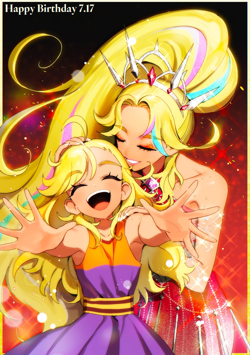 2girls, :d, ^_^, aged_down, ahoge, bare_shoulders, blonde_hair, blue_hair, blurry, bokeh, border, closed_eyes, dark-skinned_female, dark_skin, depth_of_field, dress, dual_persona, facing_another, facing_viewer, gem, hand_on_another's_head, happy, happy_birthday, highres, jennifer_sumire_sol, long_hair, multicolored_hair, multiple_girls, o4ritarou, open_hands, open_mouth, outstretched_arms, pink_lips, pretty_series, purple_dress, red_background, red_dress, sleeveless, sleeveless_dress, smile, sparkle, streaked_hair, tiara, very_long_hair, waccha_primagi!, white_border