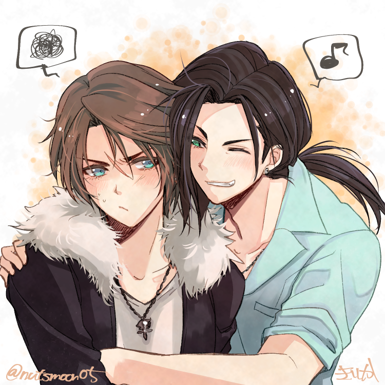 2boys, asymmetrical_bangs, black_hair, black_jacket, blue_eyes, blue_shirt, blush, brown_hair, cheek-to-cheek, collared_shirt, commentary_request, earrings, final_fantasy, final_fantasy_viii, fur-trimmed_jacket, fur_trim, green_eyes, grin, hand_on_another's_chest, hand_on_another's_shoulder, heads_together, hoop_earrings, hug, jacket, jewelry, kirika_(nutsmoon), laguna_loire, long_sleeves, looking_at_another, low_ponytail, male_focus, multiple_boys, musical_note, necklace, open_clothes, open_jacket, orange_background, scar, scar_on_face, scribble, shirt, short_hair, signature, sleeves_rolled_up, smile, speech_bubble, squall_leonhart, sweatdrop, twitter_username, upper_body, v-neck, white_shirt