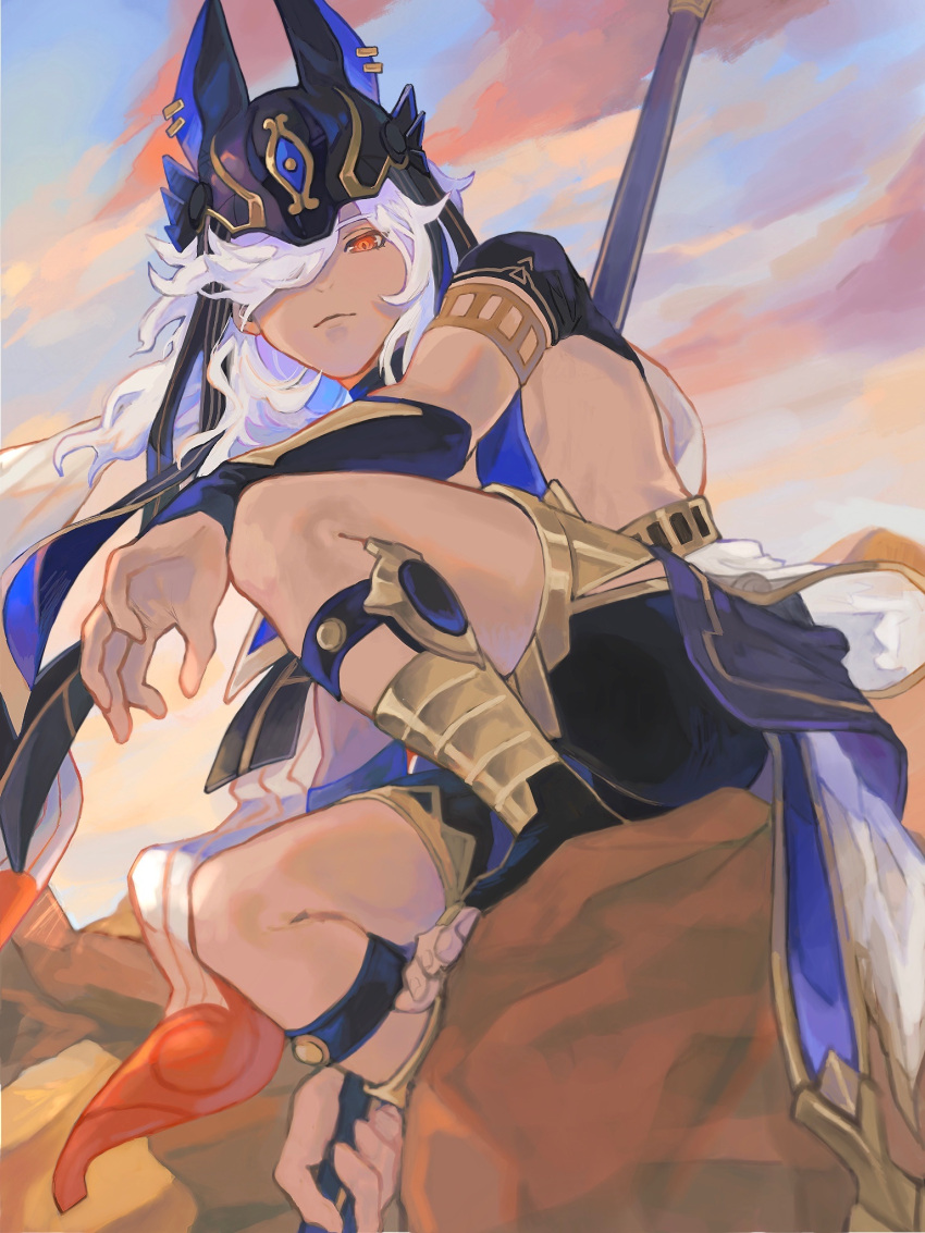 1boy, animal_ears, animal_hat, black_choker, black_gloves, black_headwear, black_shorts, blue_sky
