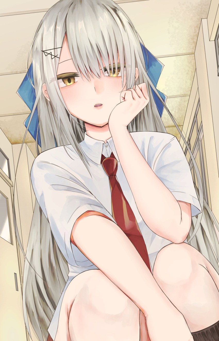 1girl, black_socks, blue_bow, blush, bow, door, dress_shirt, elbow_rest