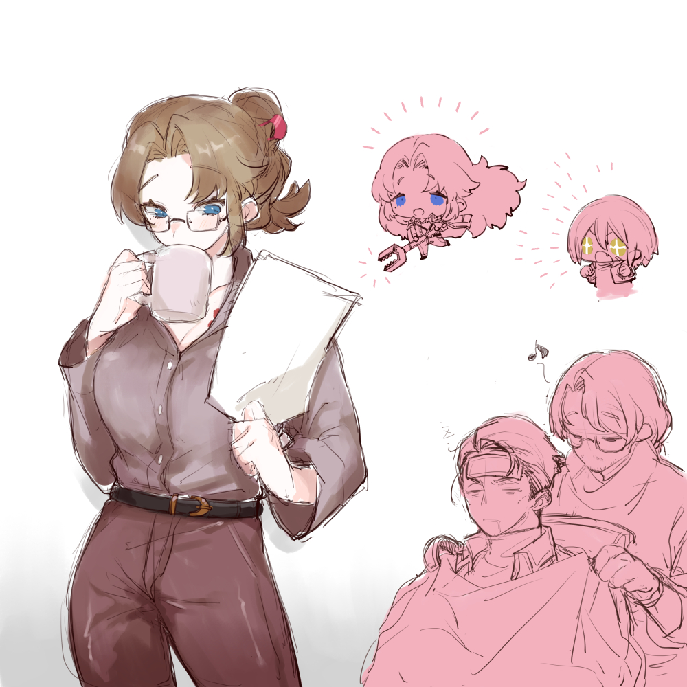 2boys, 2girls, blue_eyes, blush, brown_pants, brown_shirt, chibi, chibi_inset
