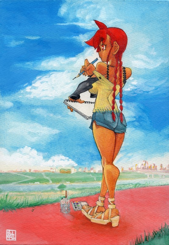 bare_shoulders, braid, breasts, cloud, clouds, landscape, large_breasts, manuke0726, muscle, red_eyes, red_hair, redhead, sketching, solo, standing, thick_thighs, thighs, twin_braids