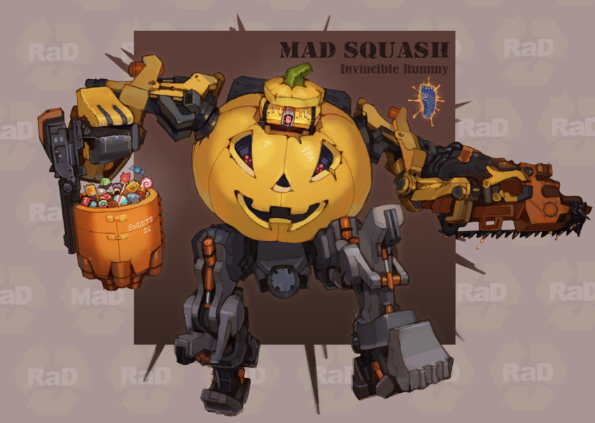 armored_core, armored_core_6, brown_background, chainsaw, character_name, full_body, glowing, glowing_eyes, gun, halloween_bucket, halloween_costume, hideki_kaneda, highres, holding, holding_gun, holding_weapon, mad_stomp, mecha, mecha_focus, no_humans, one-eyed, red_eyes, robot, science_fiction, standing, weapon