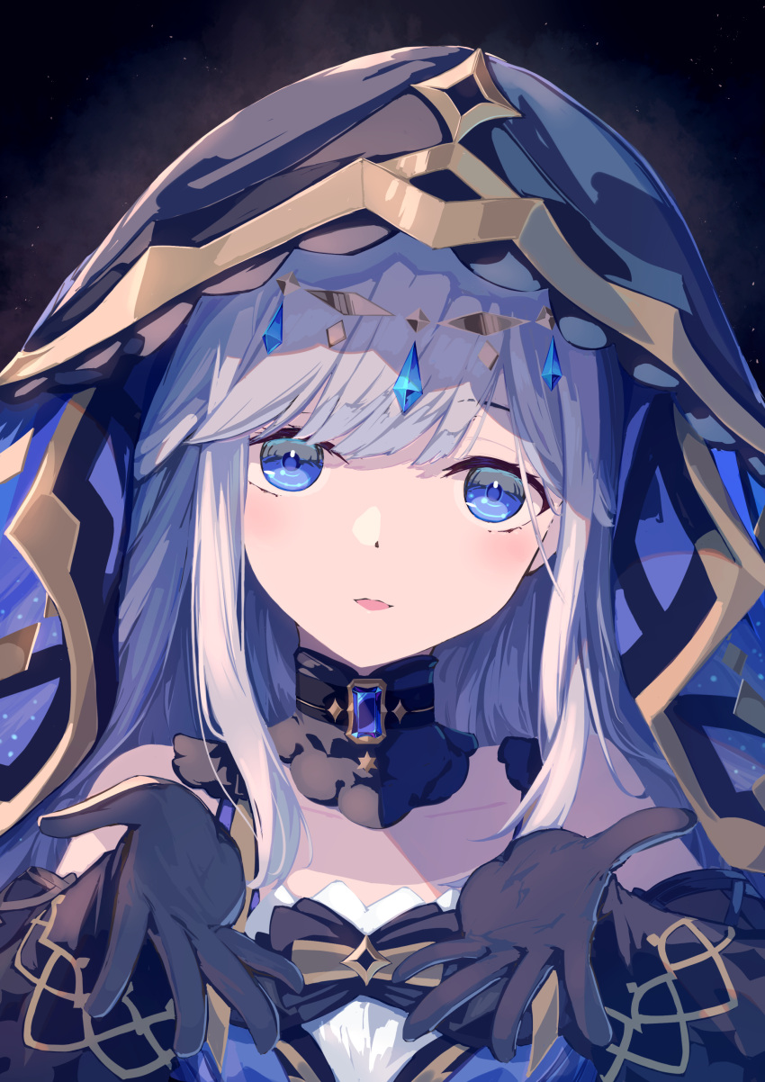 1girl, absurdres, adina_savic, bare_shoulders, black_background, black_gloves, black_survival, blue_eyes