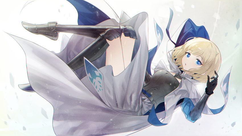 1girl, armor, blonde_hair, blue_eyes, brown_dust_2, chest_armor, cloak, falling