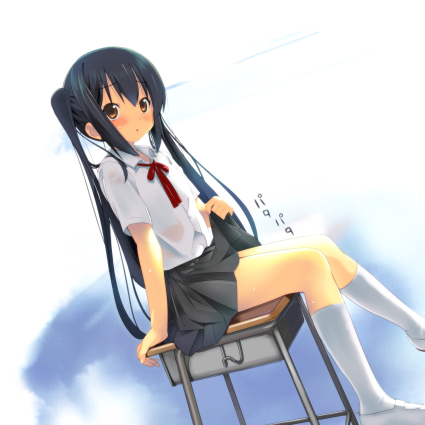 blush, bow, brown_eyes, highres, iwamoto_maguro, k-on!, long_hair, nakano_azusa, school_desk, school_uniform, skirt_fan, skirt_lift, sweat, twintails, wet_clothes