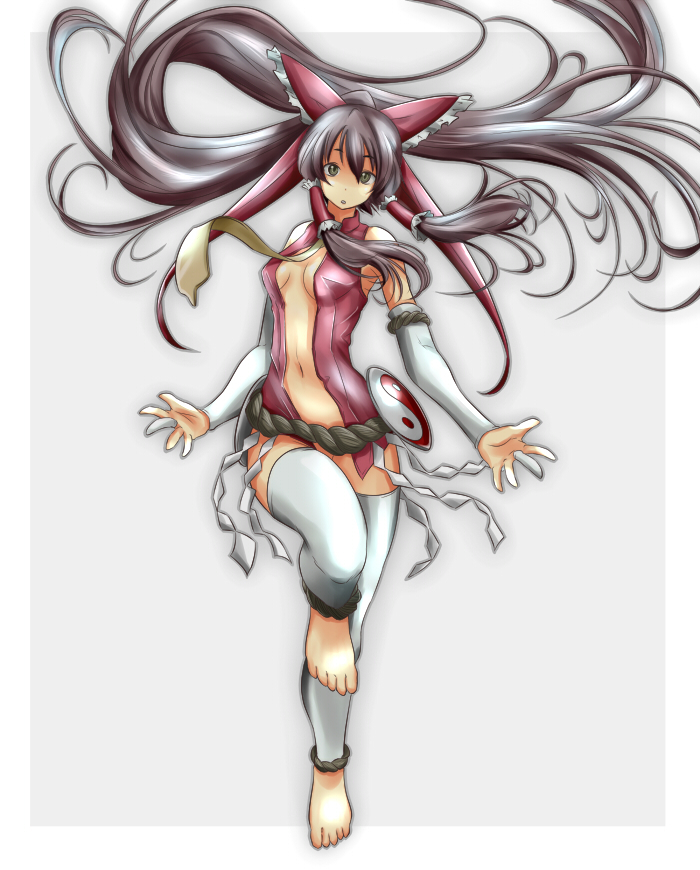 alternate_costume, ao_usagi, barefoot, bow, bridal_gauntlets, brown_eyes, brown_hair, cosplay