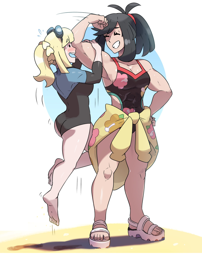 abs, absurdres, aged_up, alternate_muscle_size, black_hair, blonde_hair, flexing, highres, juno_son, lillie_(pokemon), muscular, muscular_female, pokemon, selene_(pokemon), swimsuit, thick_thighs, thighs