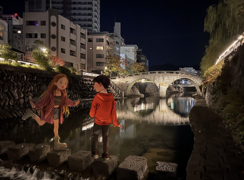 1boy, 1girl, black_hair, blonde_hair, boots, bridge, building, choker, crop_top, earrings, fujihara_(haguhagu), full_body, grey_eyes, haguhagu_(rinjuu_circus), hood, hoodie, jacket, jewelry, long_hair, looking_at_another, miniskirt, night, open_clothes, open_jacket, open_mouth, original, outdoors, photo_background, red_hoodie, river, sasha_(haguhagu), shoes, skipping, skirt, sky, smile, sneakers, water