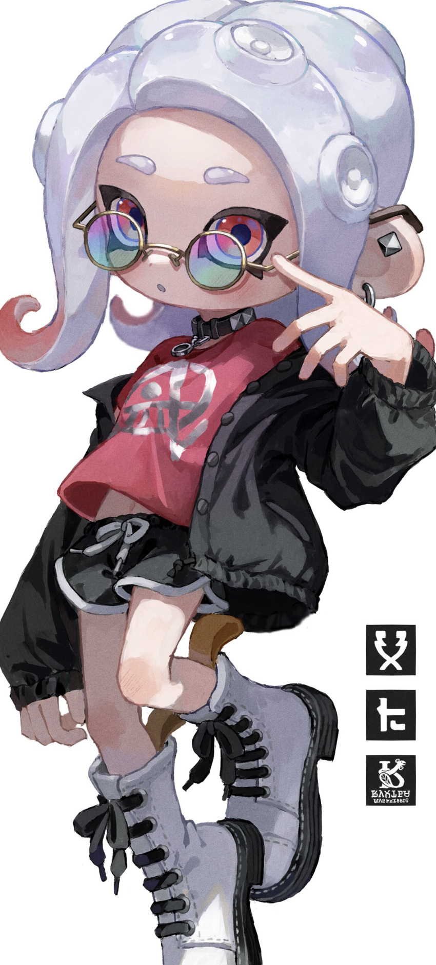 1girl, absurdres, black_collar, black_jacket, black_shorts, collar, commentary, ear_piercing