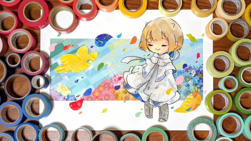 1girl, armor, blonde_hair, brown_dust_2, chibi, cloak, closed_eyes, closed_mouth