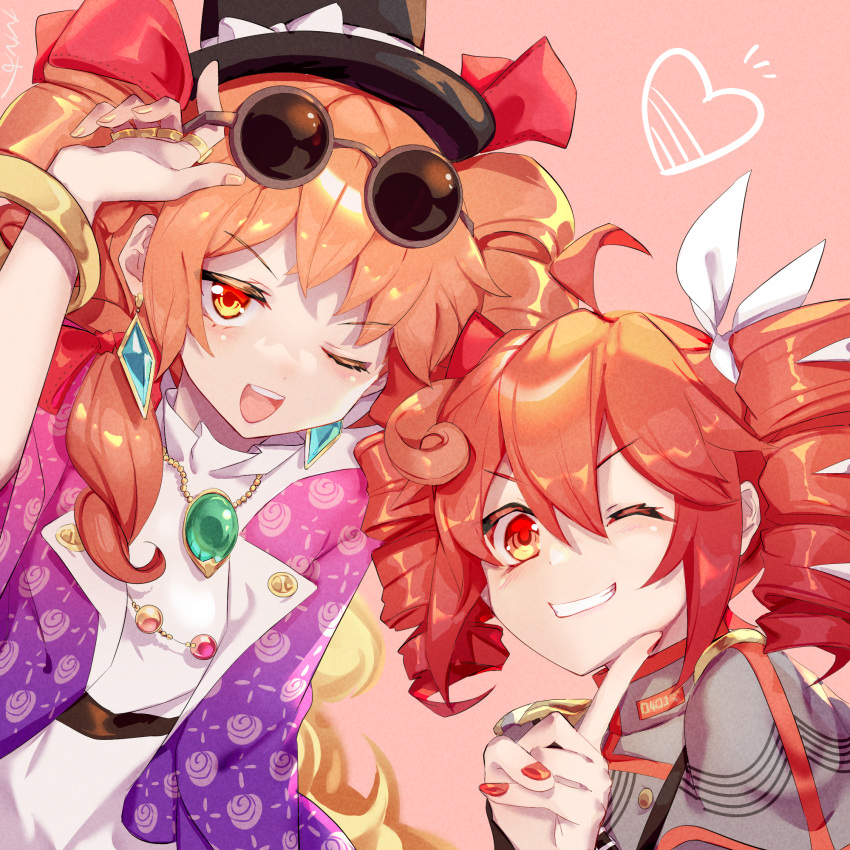 2girls, adjusting_eyewear, bangle, bow, bracelet, coat, crossover, dress, drill_hair, earrings, eyewear_on_head, finger_to_own_chin, grey_jacket, hairstyle_connection, hat, highres, jacket, jewelry, kasane_teto, kasane_teto_(sv), looking_at_viewer, multiple_girls, necklace, one_eye_closed, open_mouth, orange_eyes, orange_hair, pink_background, purple_coat, red_eyes, red_nails, red_ribbon, redhead, ribbon, ring, shoulder_boards, synthesizer_v, top_hat, touhou, twin_drills, utau, white_bow, white_dress, yorigami_jo'on, yyxw5385