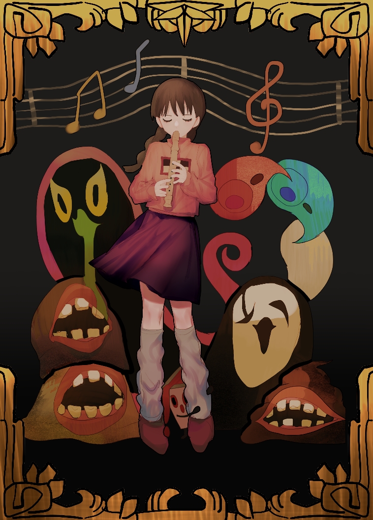 1girl, braid, brown_hair, character_request, closed_eyes, commentary_request, creature, expressionless