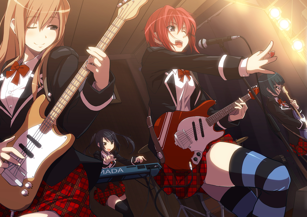 black_hair, bokura_wa_piacere, brown_hair, concert, guitar, hasukawa_mizuki, instrument, painpa, red_hair, redhead, short_hair, skirt, striped, striped_legwear, striped_thighhighs, suzuki_ayaka, takano_kotoko, thigh-highs, thighhighs, uniform