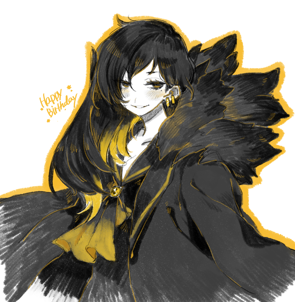 1girl, ascot, binah_(project_moon), black_ascot, black_coat, black_dress, black_eyes, black_hair, black_sailor_collar, blonde_hair, coat, dress, library_of_ruina, multicolored_hair, parted_lips, project_moon, sailor_collar, simple_background, smile, solo, streaked_hair, uchimura_(rino0525), upper_body, white_background, yellow_eyes