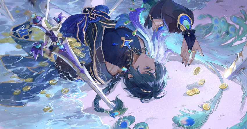 1boy, absurdres, arm_up, black_nails, black_shirt, blue_eyes, blue_hair, blue_jacket