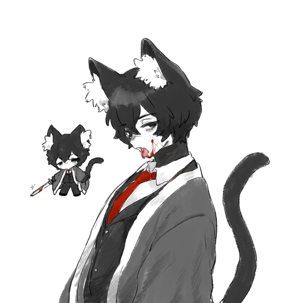 1boy, animal_ear_fluff, animal_ears, black_hair, black_kimono, black_vest, blood, blood_on_face, blood_on_tongue, cat_ears, cat_tail, collared_shirt, japanese_clothes, kimono, limbus_company, necktie, open_mouth, project_moon, red_necktie, shirt, simple_background, solo, tail, uchimura_(rino0525), vest, white_background, white_shirt, yi_sang_(project_moon)