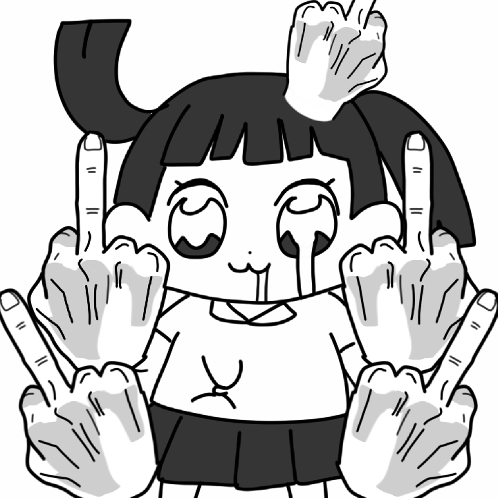 1girl, :3, bkub_(style), blunt_bangs, chibi, closed_mouth, collared_shirt, dripping_eye, extra_arms, feet_out_of_frame, greyscale, liquid_from_mouth, looking_at_viewer, middle_finger, monochrome, monoko, parody, pleated_skirt, shirt, short_sleeves, simple_background, skirt, solo, standing, twintails, xgshjsgha, yume_nikki