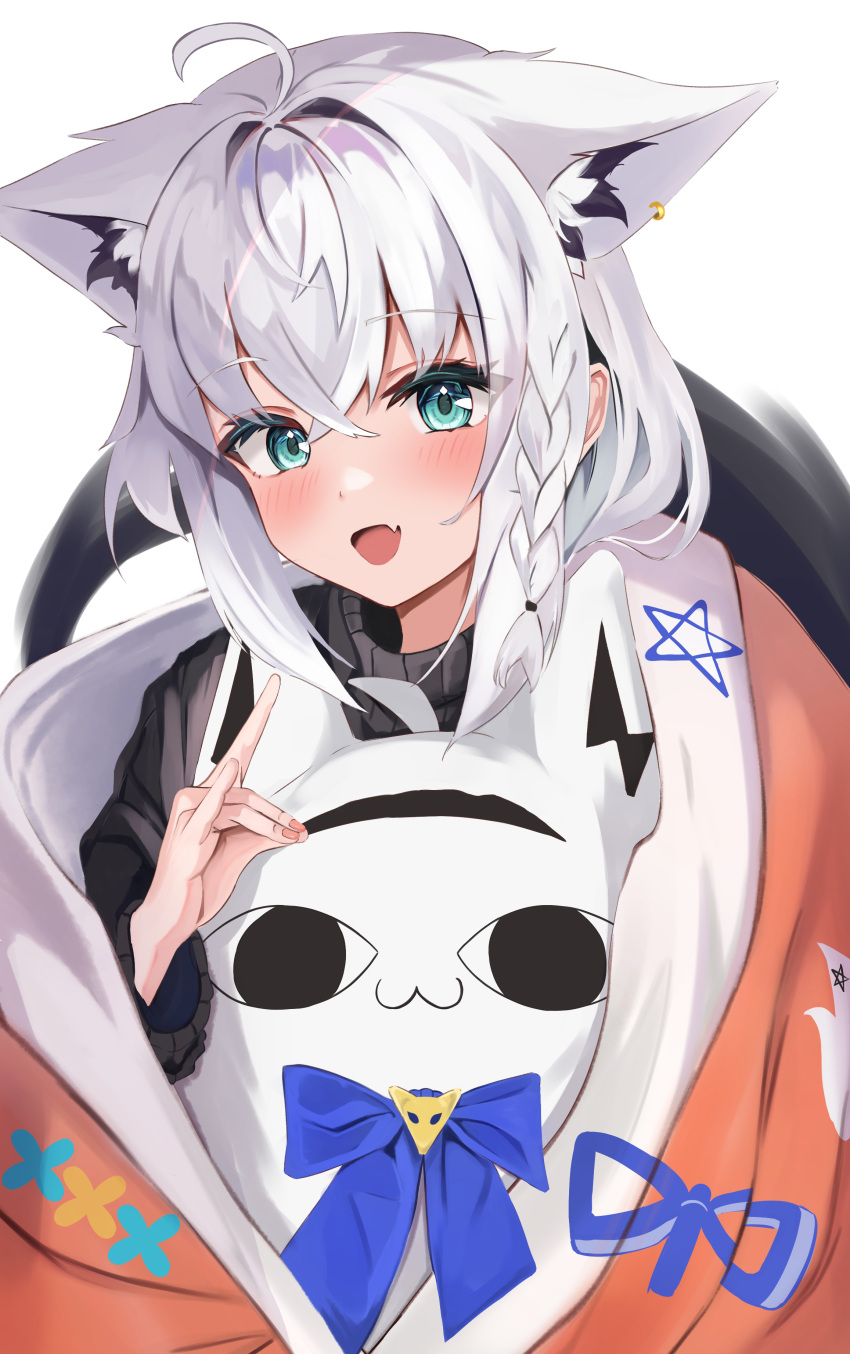 1girl, absurdres, ahoge, animal_ear_fluff, animal_ears, black_sweater, blush, braid, commentary_request, earrings, extra_ears, fang, fox_ears, fox_girl, fox_shadow_puppet, fox_tail, green_eyes, hair_between_eyes, highres, hololive, jewelry, long_hair, looking_at_viewer, miteiru_(shirakami_fubuki), open_mouth, pentagram, shirakami_fubuki, sidelocks, simple_background, single_braid, siyara_amau, skin_fang, sweater, tail, under_covers, virtual_youtuber, white_background, white_hair