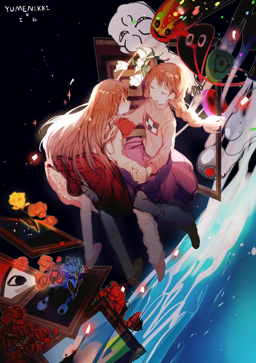 2girls, ascot, blue_flower, blue_rose, braid, brown_hair, character_request, closed_eyes