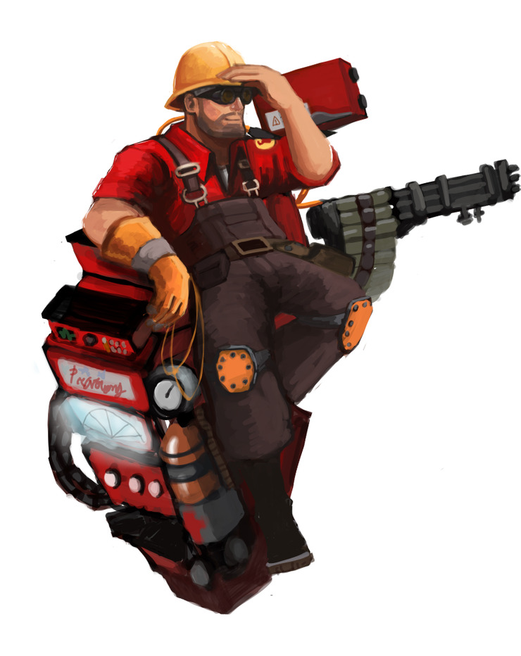 dispenser, dress_shirt, facial_hair, gloves, goggles, hardhat, helmet, male, overalls, sentry, shading_eyes, shirt, simple_background, sitting, team_fortress_2, the_engineer