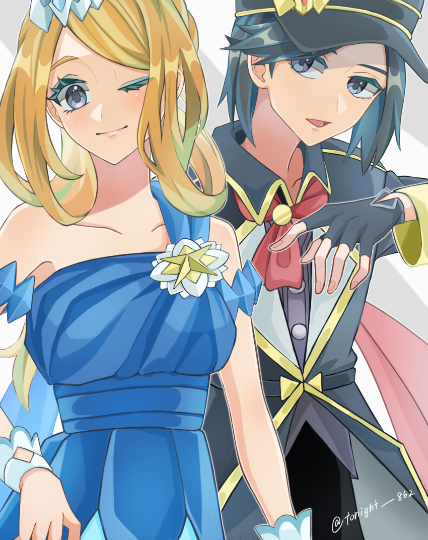 1boy, 1girl, black_gloves, black_hair, blue_dress, calem_(champion)_(pokemon), calem_(pokemon), collarbone