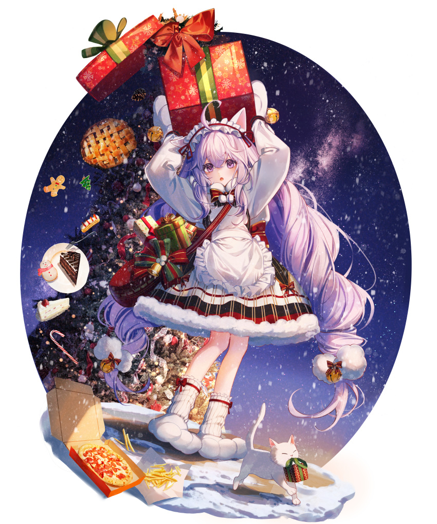 absurdres, ahoge, animal_hands, apron, bell, box, brown_dust_2, cake