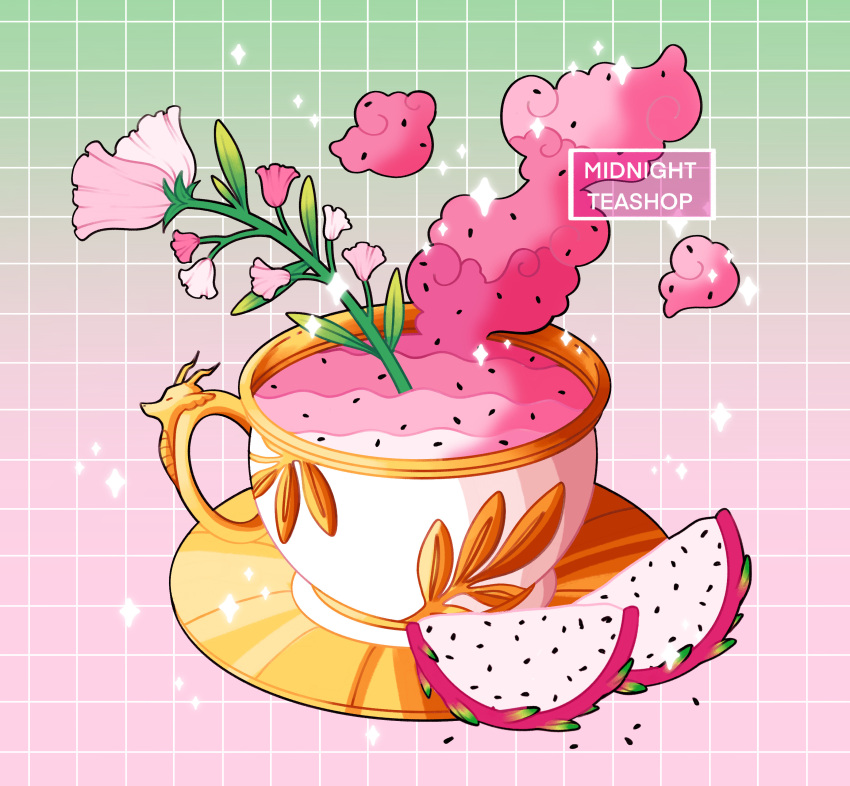 absurdres, commentary, cup, dragon, dragon_fruit, dragon_fruit_slice, english_commentary, english_text