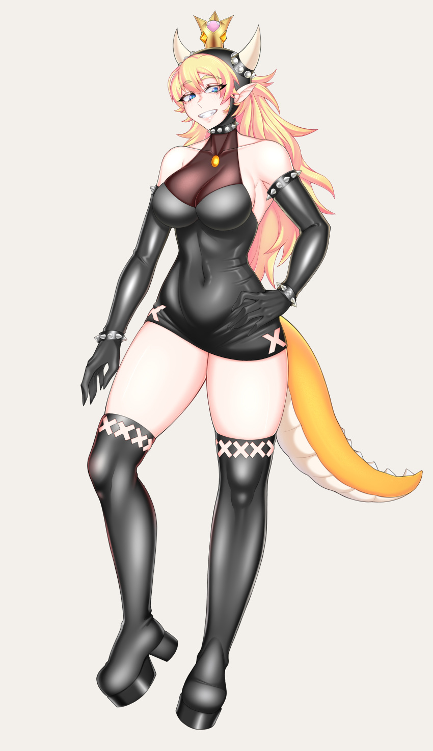 1girl, absurdres, blonde_hair, bowser, bowsette, dragon_girl, dragon_horns, dragon_tail