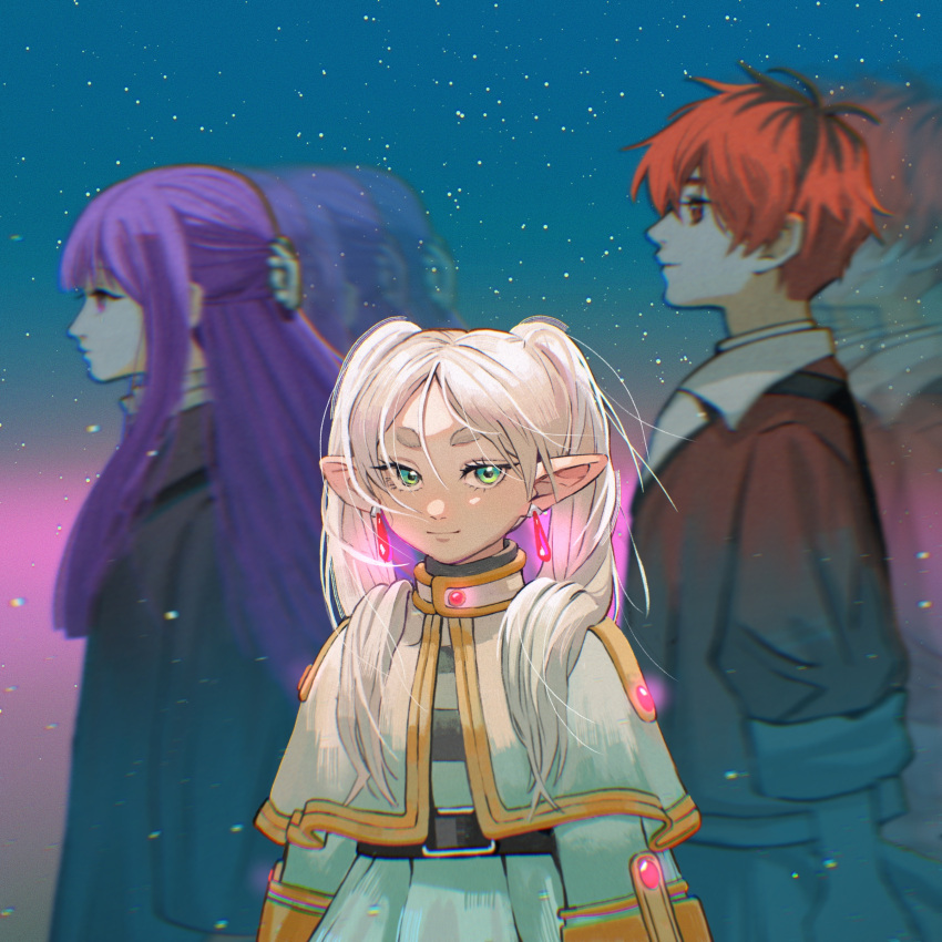 1boy, 2girls, absurdres, afterimage, belt, black_robe, capelet, earrings, fern_(sousou_no_frieren), frieren, green_eyes, hair_ornament, highres, jewelry, loe_(pixiv4841670), long_hair, looking_at_viewer, multiple_girls, outdoors, profile, purple_hair, red_eyes, redhead, robe, shirt, short_hair, sousou_no_frieren, stark_(sousou_no_frieren), striped, striped_shirt, thick_eyebrows, twintails, violet_eyes, white_capelet, white_hair