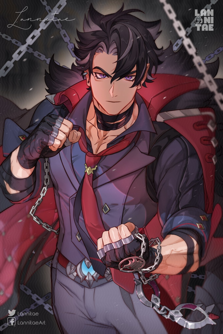 1boy, artist_name, bandaged_arm, bandaged_neck, bandages, belt, black_coat, black_gloves