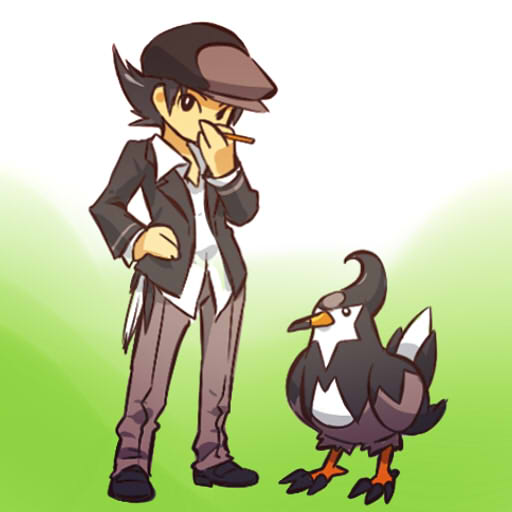 1boy, bird, cabbie_hat, hand_on_hip, hat, hitec, jacket, moemon
