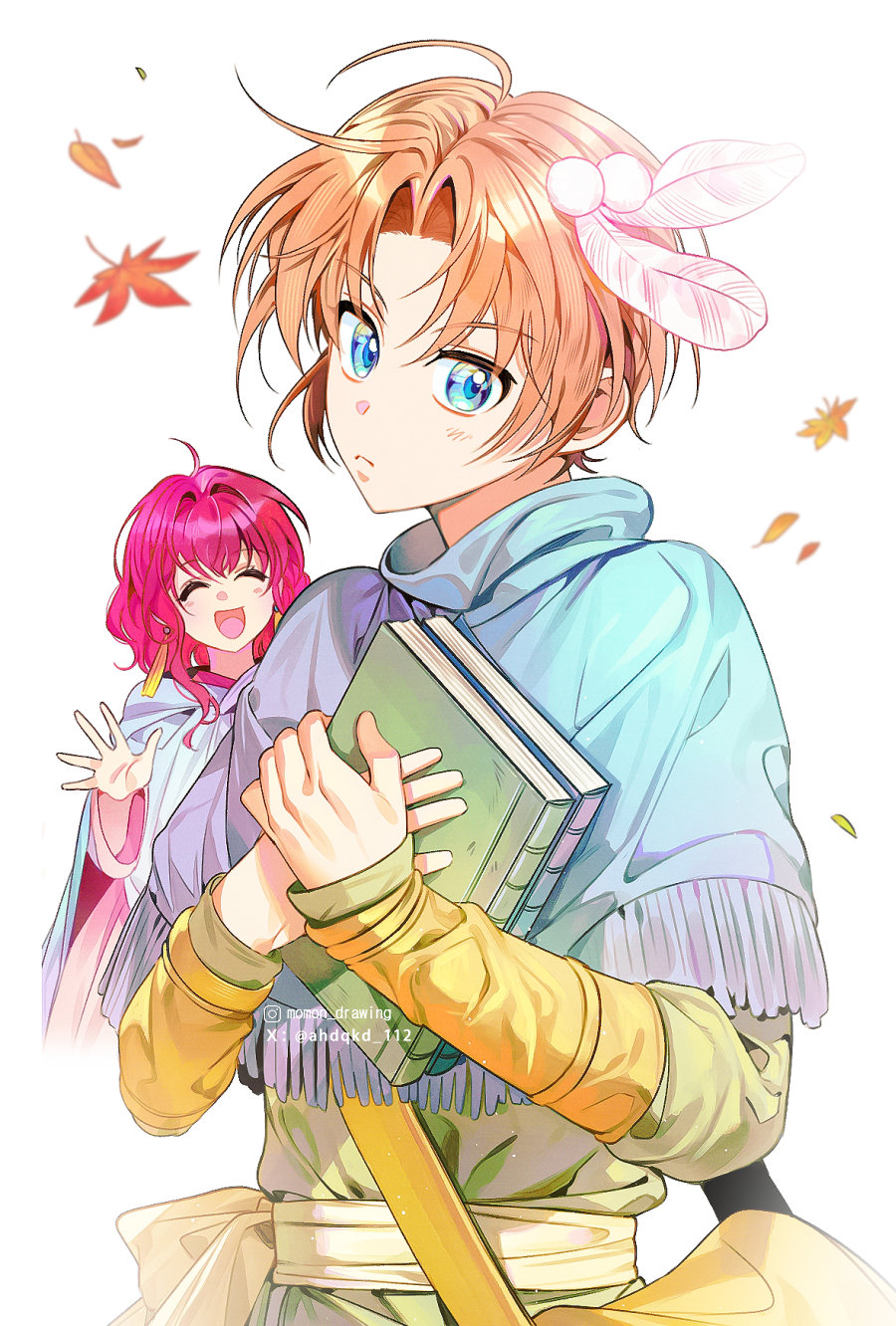 1boy, 1girl, :d, ahdqkd_112, akatsuki_no_yona, autumn_leaves, bag, blue_capelet