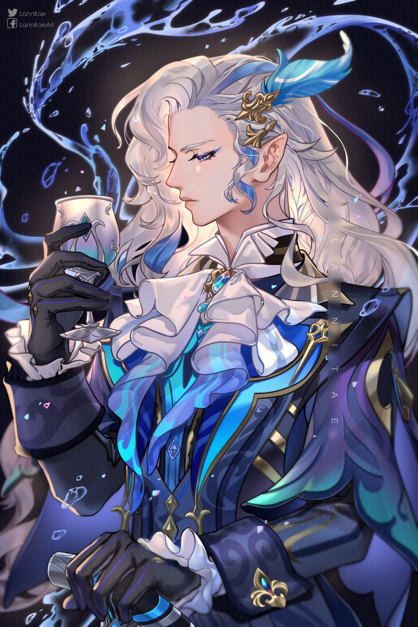 1boy, artist_name, ascot, asymmetrical_bangs, black_background, black_gloves, blue_coat, blue_eyeliner