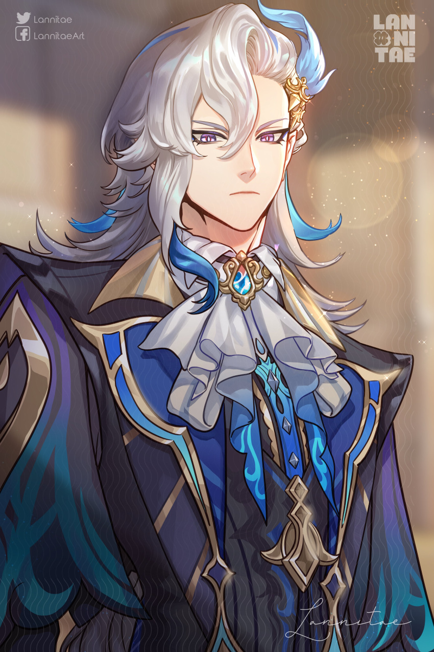 1boy, absurdres, artist_name, ascot, asymmetrical_bangs, blue_coat, blue_eyeliner, blue_gemstone