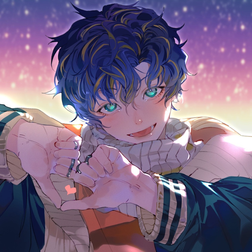 1boy, aqua_eyes, astel_leda, blonde_hair, blue_hair, earrings, hair_between_eyes, heart, heart_hands, highres, holostars, holostars_english, jacket, jewelry, letterman_jacket, long_sleeves, looking_at_viewer, lower_teeth_only, male_focus, multicolored_hair, multiple_rings, official_alternate_costume, open_clothes, open_jacket, open_mouth, ribbed_sweater, ring, short_hair, smile, solo, star_(sky), star_(symbol), star_earrings, streaked_hair, suda_(svdaaa), sweater, teeth, turtleneck, turtleneck_sweater, virtual_youtuber, white_sweater
