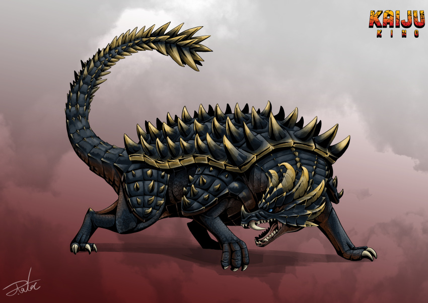 absurdres, anguirus, artist_name, black_scales, black_sclera, black_skin, blue_eyes, colored_sclera, colored_skin, commentary, creature, curled_tusks, digitigrade, dinosaur, english_text, fangs, giant, giant_monster, godzilla_(series), gugenheim98, highres, horns, kaijuu, looking_to_the_side, monster_focus, nostrils, open_mouth, redesign, scales, sharp_teeth, simple_background, solo, spiked_shell, spiked_tail, spikes, tail, teeth, turning_head, tusks