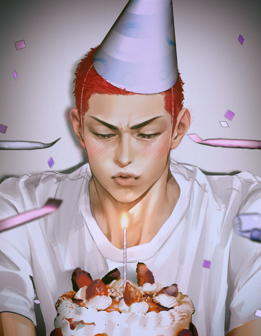 1boy, birthday, birthday_cake, birthday_party, black_eyes, blowing_candle, blush, buzz_cut