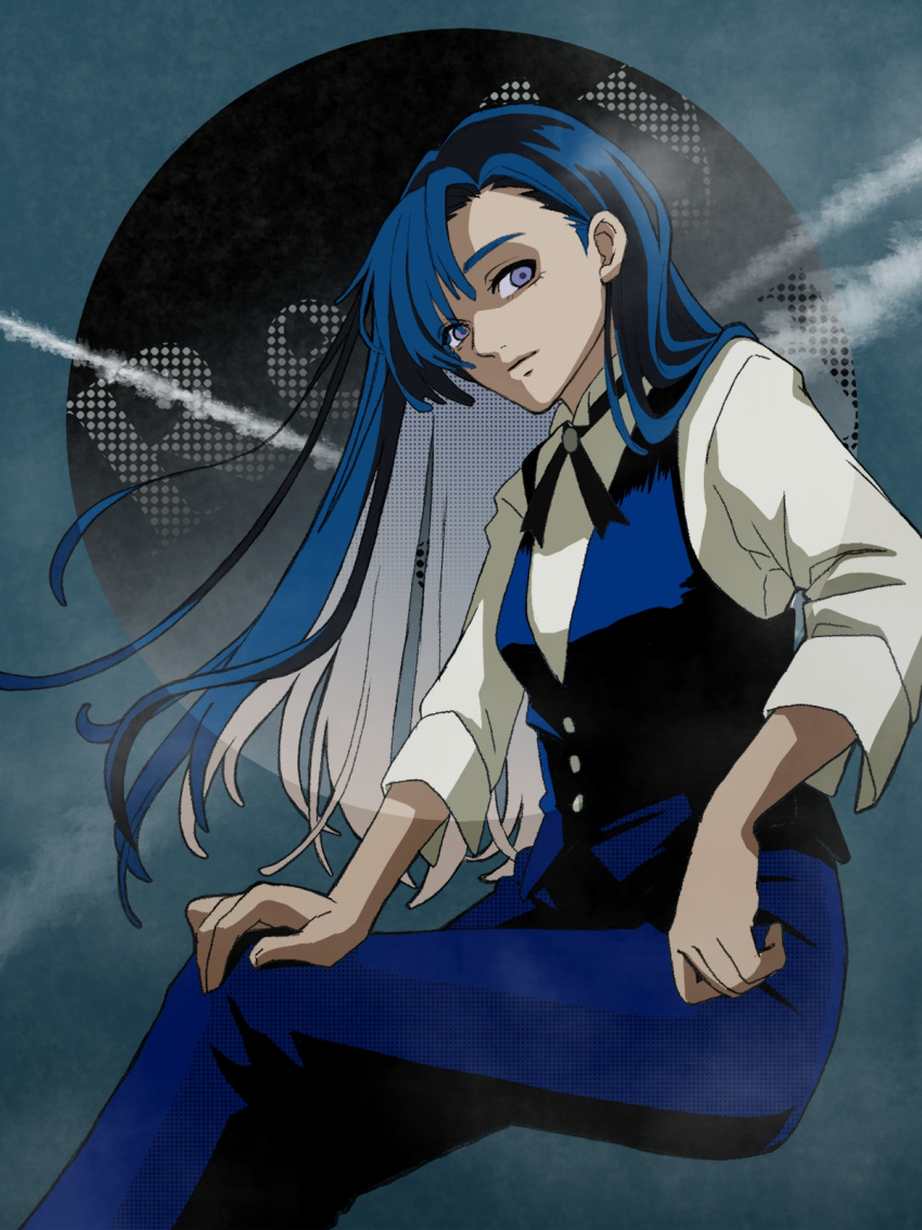 1girl, ado_(utaite), arm_at_side, asymmetrical_bangs, blue_eyes, blue_hair, blue_pants, blue_vest