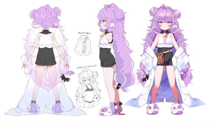 1girl, animal_ears, arms_at_sides, bare_shoulders, bell, black_skirt, blunt_bangs, blush