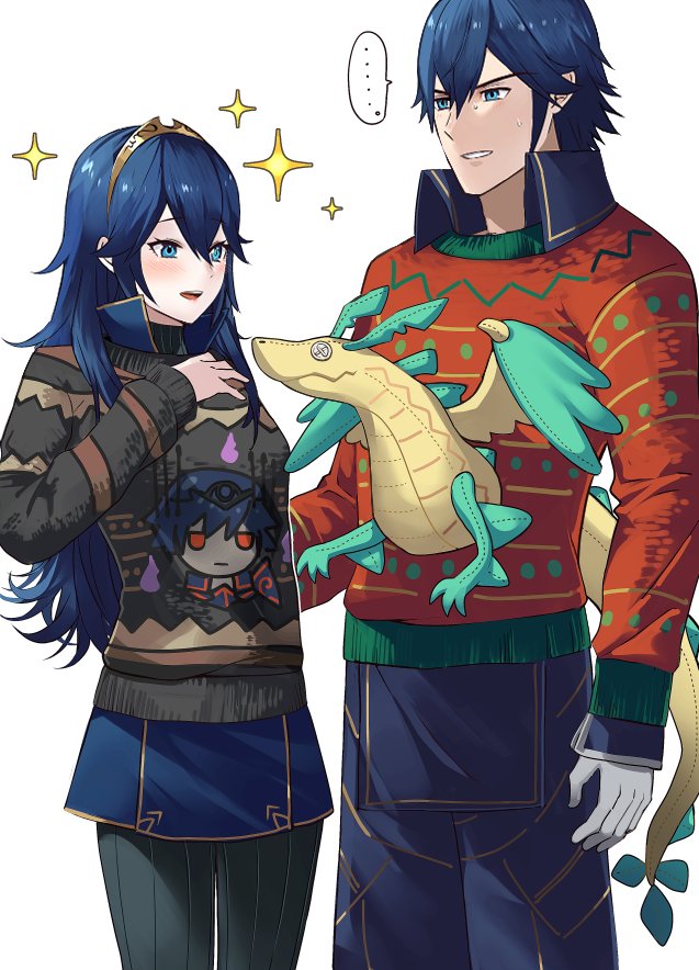 ..., 1boy, 1girl, alternate_costume, ameno_(a_meno0), black_sweater, blue_eyes, blush, character_print, christmas_sweater, chrom_(fell_exalt)_(fire_emblem), chrom_(fire_emblem), commentary_request, father_and_daughter, fire_emblem, fire_emblem_awakening, gloves, green_sweater, hair_between_eyes, height_difference, long_hair, long_sleeves, lucina_(fire_emblem), multicolored_sweater, red_sweater, short_hair, simple_background, smile, speech_bubble, sweat, sweater, tiara, ugly_sweater, white_background, white_gloves
