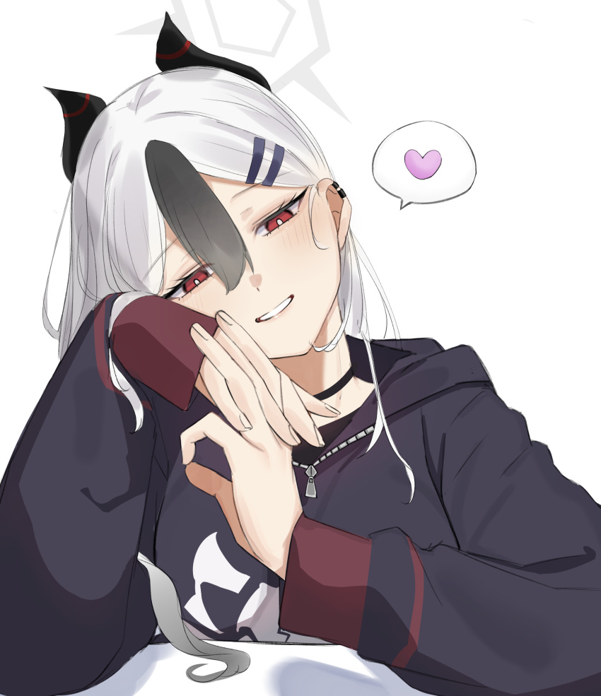 1girl, absurdres, black_hair, black_horns, black_jacket, blue_archive, blush, demon_horns